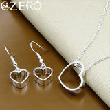 925 Silver Heart Pendant Necklace Earrings Set Wedding Engagement Party Jewelry