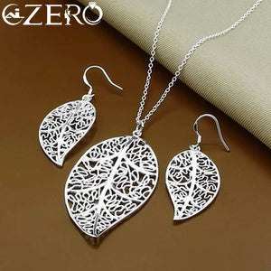 ALIZERO 925 Silver Leaf Necklace Earrings Set Wedding Jewelry