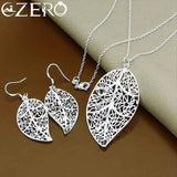 ALIZERO 925 Silver Leaf Necklace Earrings Set Wedding Jewelry