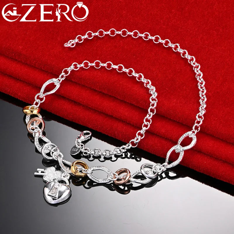 ALIZERO 925 Silver Grass Key Heart Lock Necklace Women Wedding Jewelry