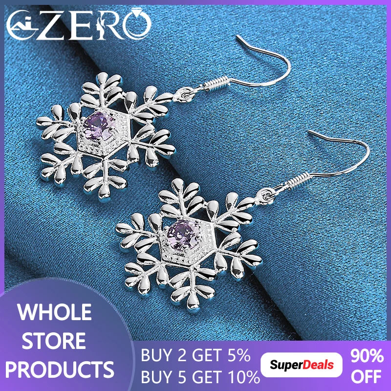 ALIZERO 925 Silver Purple Zircon Snowflake Drop Earrings