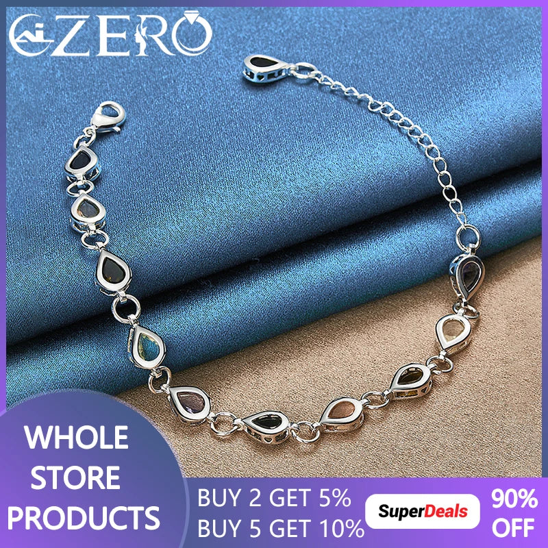 ALIZERO 925 Silver Water Drop Zircon Chain Bracelet Wedding Party Jewelry