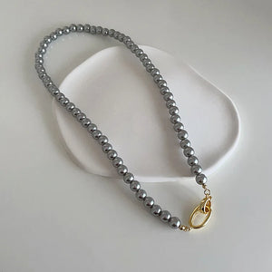 Grey Simulated Pearl Beaded Necklace with OT Toggle Clasp