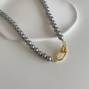 Grey Simulated Pearl Beaded Necklace with OT Toggle Clasp