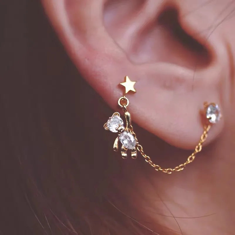 Rhinestone Bear Tassel Earrings Star Clip Statement Jewelry