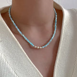 French Green Bamboo Shell Pendant Necklace Freshwater Pearl Beads Chokers