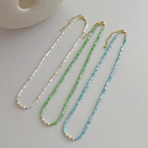 French Green Bamboo Shell Pendant Necklace Freshwater Pearl Beads Chokers