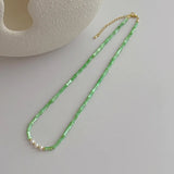 French Green Bamboo Shell Pendant Necklace Freshwater Pearl Beads Chokers