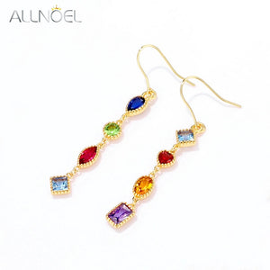 925 Silver Rainbow Zircon Hook Earrings Colorful Gemstones Fine Jewelry