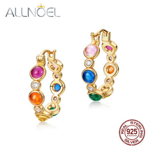 925 Silver Hoop Earrings Colorful Red Corundum & Green Zircon Fine Jewelry