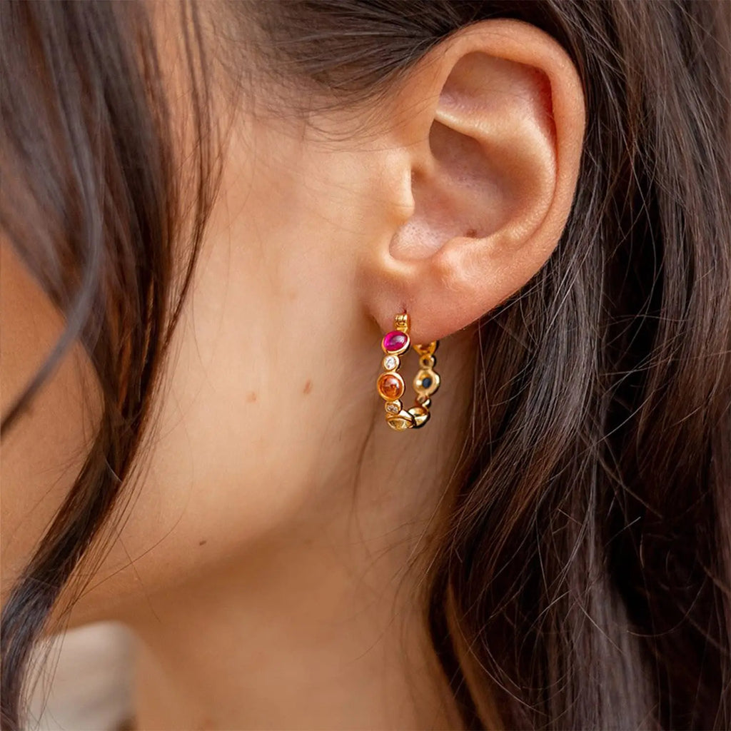 925 Silver Hoop Earrings Colorful Red Corundum & Green Zircon Fine Jewelry