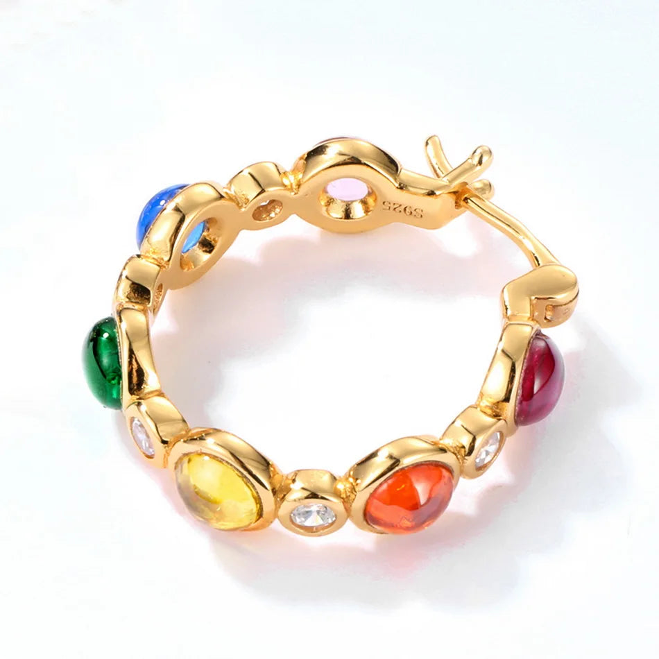 925 Silver Hoop Earrings Colorful Red Corundum & Green Zircon Fine Jewelry