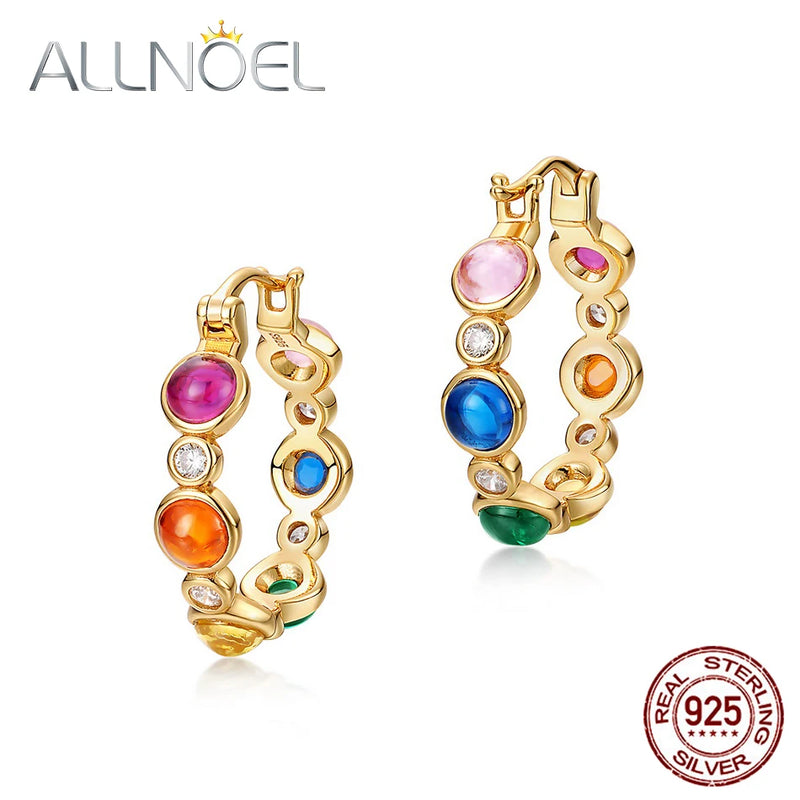 925 Silver Hoop Earrings Colorful Red Corundum & Green Zircon Fine Jewelry