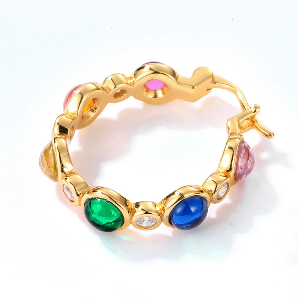 925 Silver Hoop Earrings Colorful Red Corundum & Green Zircon Fine Jewelry