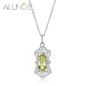 925 Silver Necklace Women Relief Pendant Green Gemstone Lemon Crystals Vintage