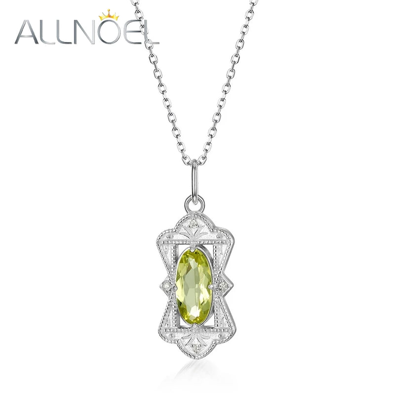 925 Silver Necklace Women Relief Pendant Green Gemstone Lemon Crystals Vintage