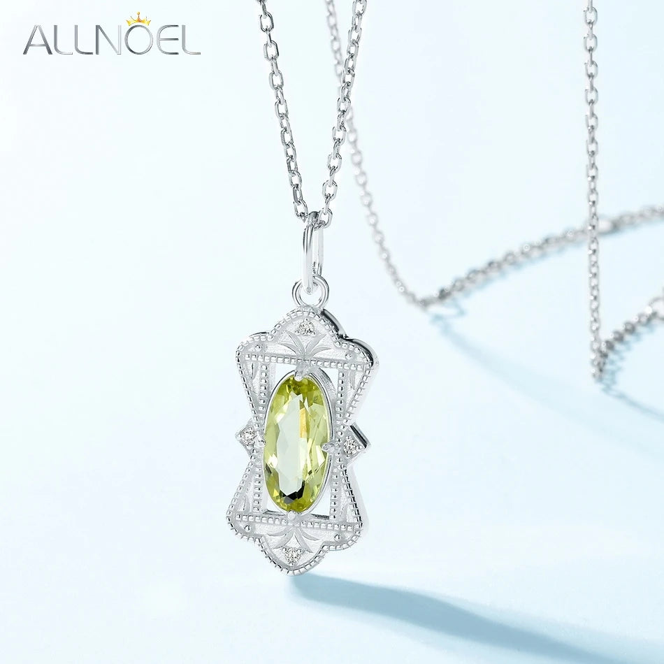 925 Silver Necklace Women Relief Pendant Green Gemstone Lemon Crystals Vintage