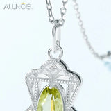 925 Silver Necklace Women Relief Pendant Green Gemstone Lemon Crystals Vintage