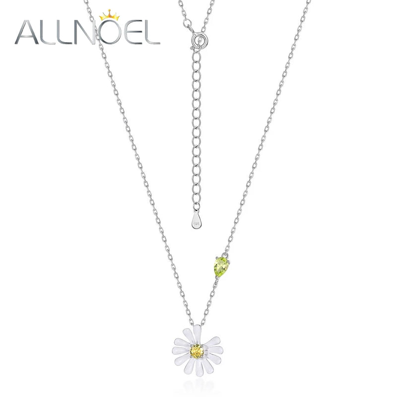 925 Silver Necklace Women Yellow CZ Daisy Flower Enamel Jewelry