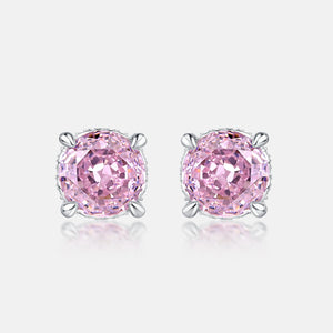 925 Silver Stud Earrings 8*8mm Round Pink Zircon Anniversary Jewelry