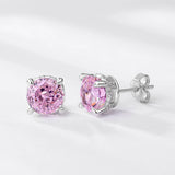 925 Silver Stud Earrings 8*8mm Round Pink Zircon Anniversary Jewelry