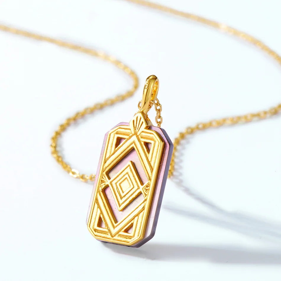 925 Silver Pendant Necklace Rectangle Shell Zircon Vintage Jewelry
