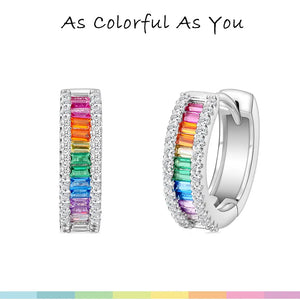 Rainbow CZ Rhodium Plated Hoop Earrings 925 Sterling Silver Women