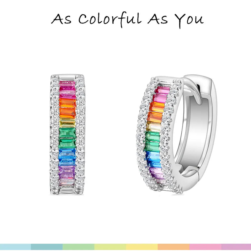 Rainbow CZ Rhodium Plated Hoop Earrings 925 Sterling Silver Women