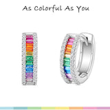 Rainbow CZ Rhodium Plated Hoop Earrings 925 Sterling Silver Women