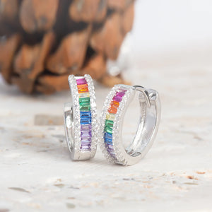 Rainbow CZ Rhodium Plated Hoop Earrings 925 Sterling Silver Women