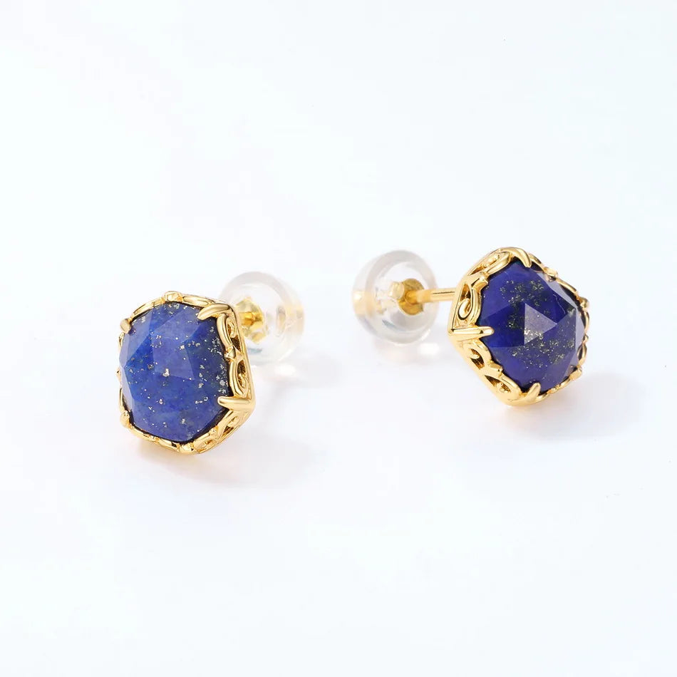Vintage 8*7mm Lapis Lazuli Stud Earrings 925 Sterling Silver Plated Gift