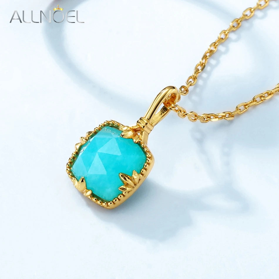 Vintage Natural Square Amazonite 925 Sterling Silver Pendant Necklace