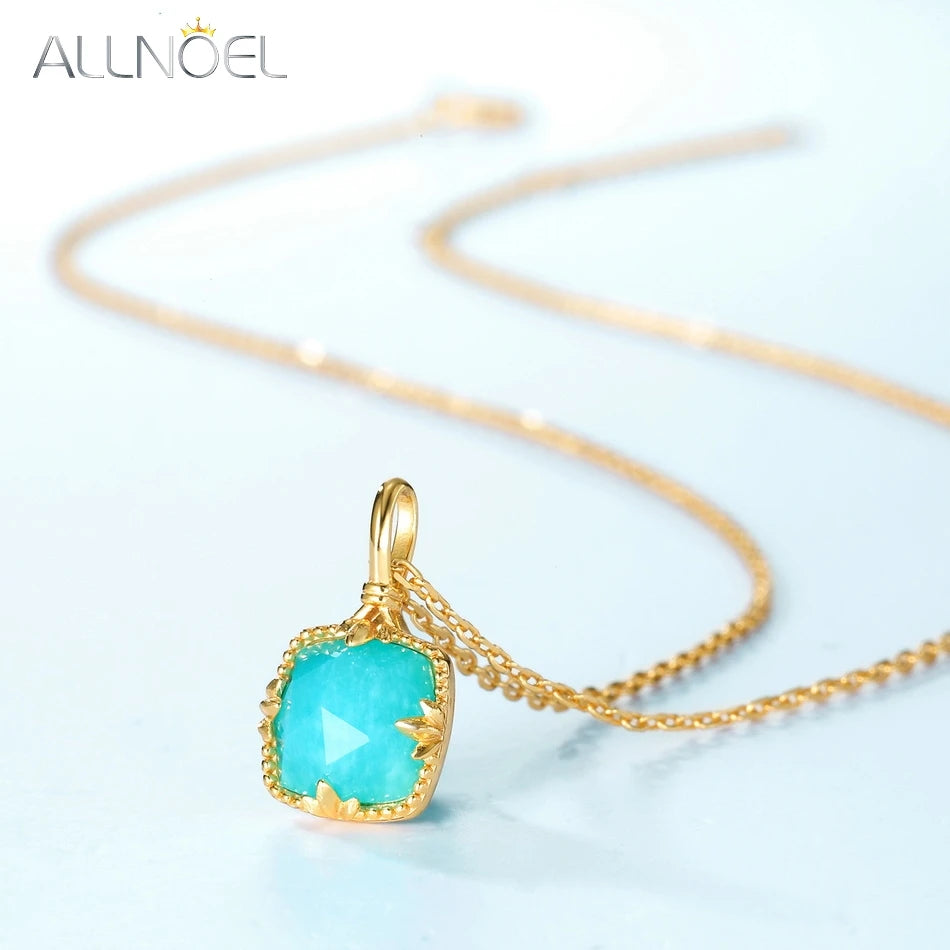 Vintage Natural Square Amazonite 925 Sterling Silver Pendant Necklace