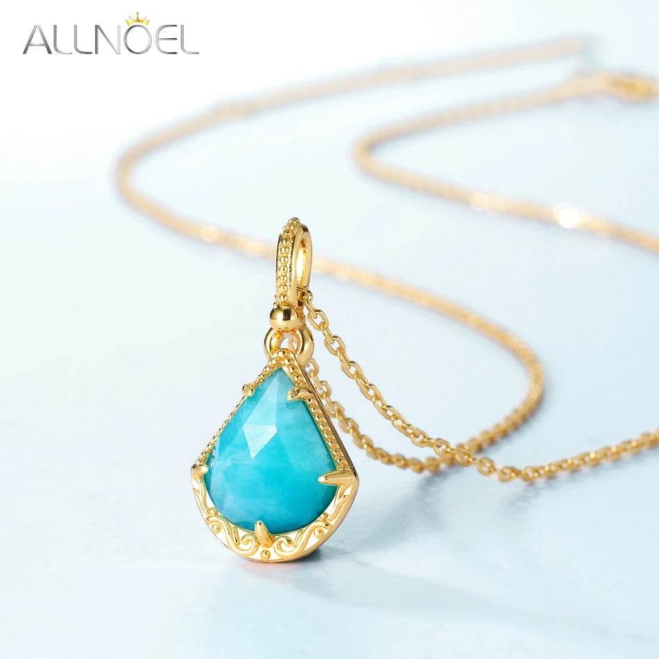 Water Drop Amazonite Pendant Necklace 925 Sterling Silver Vintage Texture