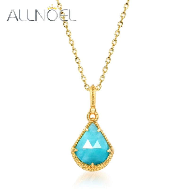 Water Drop Amazonite Pendant Necklace 925 Sterling Silver Vintage Texture
