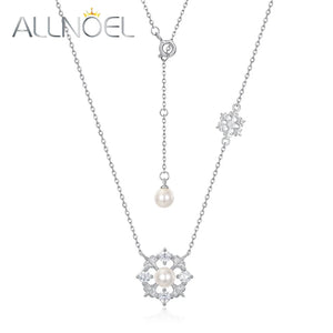 Snowflake 925 Silver Pendant Necklace Shell Pearl Christmas Party Jewelry