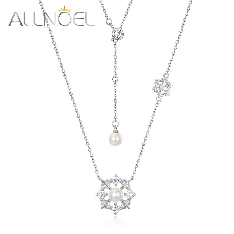 Snowflake 925 Silver Pendant Necklace Shell Pearl Christmas Party Jewelry