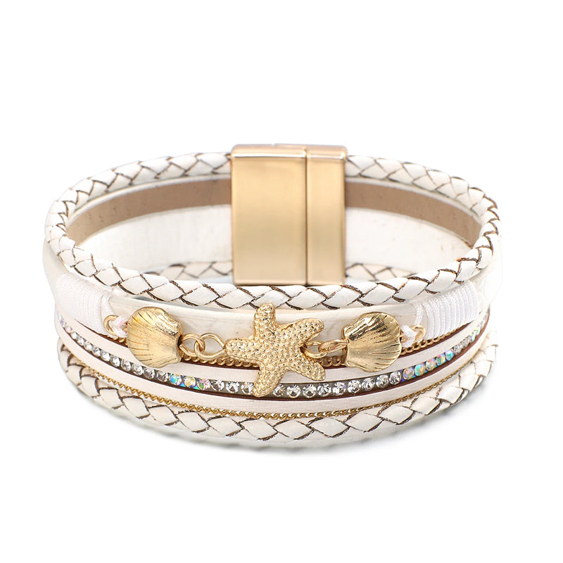 Boho Ethnic Starfish Sea Shell Charm Leather Bracelet Women