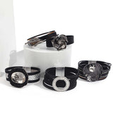 Boho Geometric Metal Leather Bracelet Circle Leaf Flower Multilayer Wide Charm