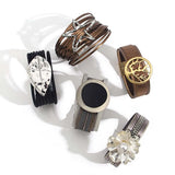Boho Geometric Metal Leather Bracelet Circle Leaf Flower Multilayer Wide Charm