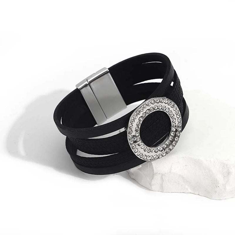 Boho Geometric Metal Leather Bracelet Circle Leaf Flower Multilayer Wide Charm
