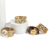 Boho Geometric Metal Leather Bracelet Circle Leaf Flower Multilayer Wide Charm