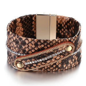 Vintage Bohemian Snake Leather Bracelet Wide Rhinestone Chain