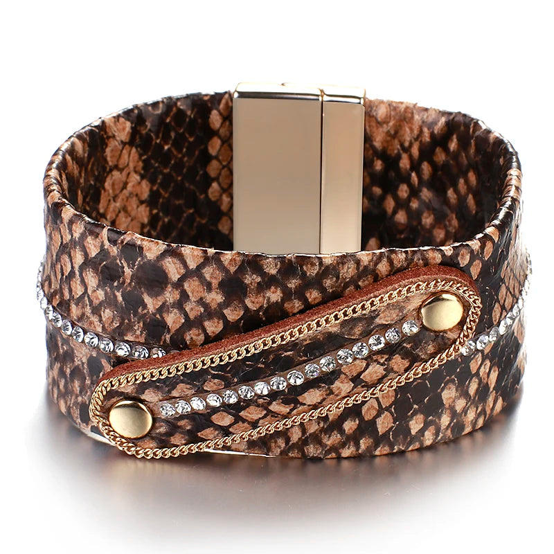 Vintage Bohemian Snake Leather Bracelet Wide Rhinestone Chain