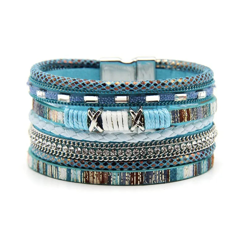 Boho Charm Cross Leather Bracelet Crystal Chain Bangle