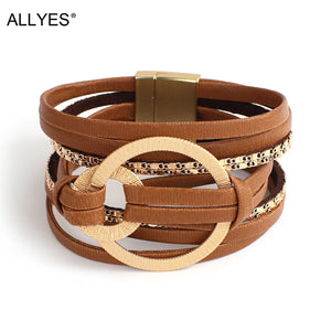Boho Spliced Wrap Leather Bracelet Circles Charm Wide Bracelet Cuff Bangle