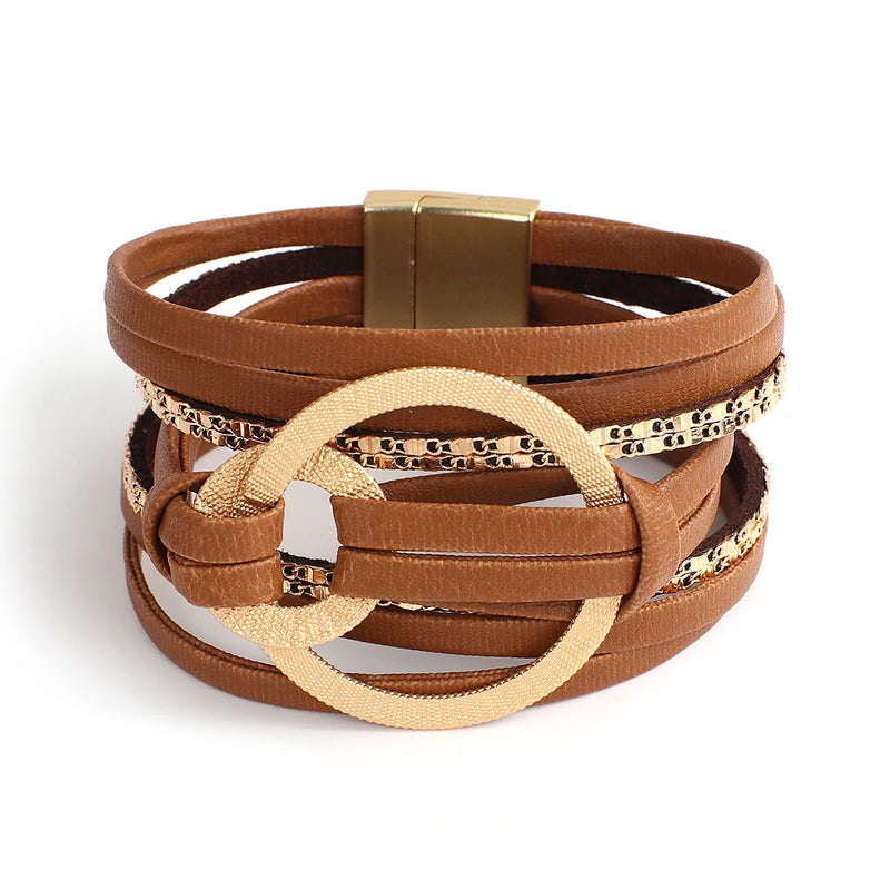 Boho Spliced Wrap Leather Bracelet Circles Charm Wide Bracelet Cuff Bangle