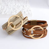 Boho Spliced Wrap Leather Bracelet Circles Charm Wide Bracelet Cuff Bangle