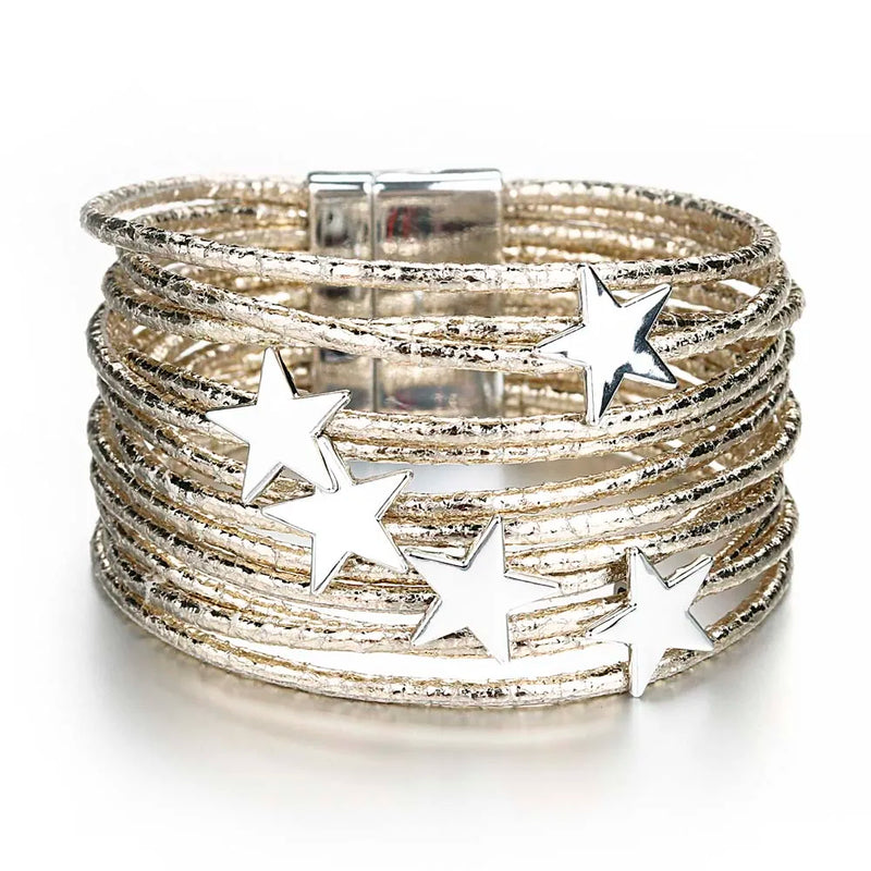 Boho Glitter Leather Bracelet for Women Multilayer Wrap Stars Charm Jewelry