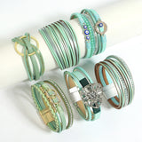 Boho Green Leather Bracelet Evil Eye Starfish Crystal Beads Wrap Bracelet